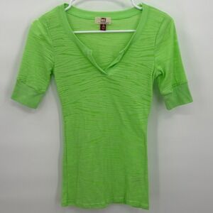 LEI Womens Neon Green Ribbed Zebra Print Elbow Sleeve Top Size M 7/9 Y2K Juniors